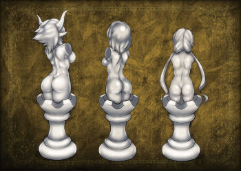 3girls absurdres amputee arched_back armless_amputee ass backboob bound bound_legs breasts chess_piece colored_skin completely_nude demon_girl demon_horns double_amputee facing_away from_behind highres horns large_breasts legs_together long_hair low_twintails median_furrow multiple_girls ningyoushi nude objectification original petrification planted_legs pointy_ears shiny_skin short_hair statue transformation twintails variant_set very_long_hair white_hair white_horns white_skin yellow_background