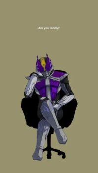 1boy armor bad_id bad_pixiv_id belt bodysuit chair crossed_legs english_text facing_viewer hand_on_own_face helmet kamen_rider kamen_rider_den-o_(series) kamen_rider_nega_den-o male_focus markings mask masked masked_male negataros on_chair portrait purple_armor sitting