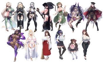 6+girls absurdres android android_(konoshige) aqua_eyes ass black_hair blonde_hair blue_eyes blue_hair blush breast_curtains breasts broom brown_eyes brown_hair reference_sheet cleavage closed_mouth compilation curvy dancer_(konoshige) dark-skinned_female dark_skin daughter_(konoshige) demon_girl demon_girl_(konoshige) demon_horns demon_tail demon_wings dress elf elf_mage_(konoshige) elf_princess_(konoshige) full_body garter_straps glasses gluteal_fold green_eyes grey_eyes habit hat highres horns huge_breasts jacket japanese_clothes konoshige_(ryuun) light_android_(konoshige) long_hair looking_at_viewer mature_female medium_breasts medium_hair miko miko_(konoshige) military military_hat military_jacket military_officer_(konoshige) military_uniform mother_(konoshige) multicolored_hair multiple_girls nail_polish nun nun_(konoshige) open_mouth original pasties pelvic_curtain pointy_ears punk_girl_(konoshige) purple_hair red_eyes revealing_clothes robot_girl shirt shoes sideboob sidelocks sister-san_(konoshige) skirt small_breasts smile staff standing streaked_hair tail thick_thighs thighhighs thighs very_long_hair village_girl_(konoshige) white_hair wide_hips wide_sleeves wings witch witch_(konoshige) witch_hat