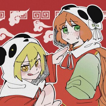 Rule 34 | 2girls, :q, animal hood, blonde hair, blush, bow, closed mouth, commentary request, don quixote (project moon), freckles, green eyes, hair bow, hands up, highres, hood, ishmael (project moon), limbus company, long hair, multiple girls, orange hair, panda hood, project moon, red background, red shirt, shirt, simple background, smile, ssmr rolling, sweat, tongue, tongue out, upper body, very long hair, white bow, white sleeves, yellow eyes, yi er fan club (vocaloid)