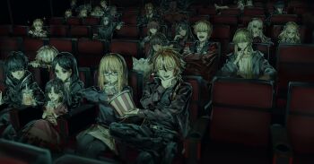 1other 6+boys 6+girls alcides_(fate) alexandre_dumas_(fate) alternate_costume alternate_hairstyle androgynous animal annie_cuaron bazdilot_cordelion black_eyes black_hair black_shirt blonde_hair blue_eyes braid casual character_request check_character child closed_eyes commentary_request cross cross_necklace dark-skinned_male dark_skin drink enkidu_(fate) eyepatch faldeus_dioland fate/strange_fake fate_(series) fillia_(fate) flat_escardos food francesca_prelati_(fate) francois_prelati_(fate) gilgamesh_(fate) glasses grey_hair hansa_cervantes haruri_borzak heracles_(fate) highres hippolyta_(fate) indoors jacket jester_karture jewelry john_wingard kuruoka_tsubaki laughing long_hair long_sleeves looking_at_another machikokom43502 movie_theater multicolored_hair multiple_boys multiple_girls necklace no_name_assassin_(fate) official_alternate_costume one_eye_covered open_clothes open_jacket open_mouth orlando_reeve own_hands_together popcorn red_hair richard_i_(fate) richard_i_(second_ascension)_(fate) sajou_ayaka_(fate/strange_fake) shirt sigma_(fate) sitting sitting_on_person smile streaked_hair sweatdrop teeth tine_chelc tohsaka_rin twin_braids upper_teeth_only vera_levitt wolf_(fate)