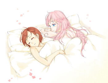 2girls afterglow aftersex bed bed_sheet blue_eyes brown_hair megurine_luka meiko_(vocaloid) multiple_girls naked_sheet nude pillow pink_hair sasanoneko shared_blanket sleeping under_covers vocaloid yuri