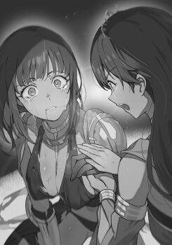 2girls adoptive_siblings armor bikini blood blood_from_mouth breasts cleavage crying crying_with_eyes_open cuts danmachi_eiyuutan_argonaut dark-skinned_female dark_skin dungeon_ni_deai_wo_motomeru_no_wa_machigatteiru_darou_ka elmina_(danmachi) greyscale hand_grab highres injury kakage long_hair looking_at_another medium_breasts monochrome multiple_girls novel_illustration official_art olna_garof open_mouth parted_lips pauldrons shoulder_armor swimsuit tears third-party_source