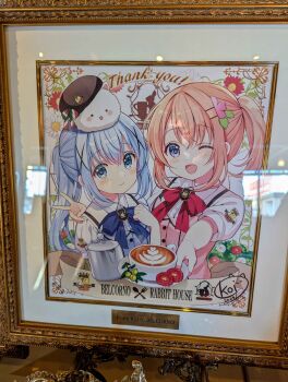 Rule 34 | 2girls, :d, absurdres, angora rabbit, apron, arm around shoulder, artist name, beret, blue apron, blue bow, blue eyes, blue hair, blue pupils, blue theme, blush, border, bow, breasts, bright pupils, buttons, cherry blossoms, closed mouth, collared shirt, color coordination, commentary, commentary request, dated, dot nose, english commentary, english text, finger on lens, flower, gift art, gochuumon wa usagi desu ka?, hair flower, hair ornament, hat, highres, holding, holding plate, hoto cocoa, italian flag, italian text, kafuu chino, koi (koisan), latte art, light blue hair, logo, long hair, looking at viewer, matching hairstyle, matching outfits, medium hair, multiple girls, official alternate hairstyle, official art, one eye closed, open mouth, orange hair, ornate border, photo (medium), pink apron, plate, ponytail, purple eyes, purple pupils, rabbit, rabbit house uniform, red bow, red theme, ribbon, serving, shirt, short sleeves, signature, small breasts, smile, summer uniform, thank you, tippy (gochiusa), upper body, v, white shirt