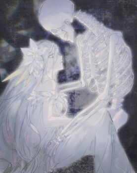 1girl bare_shoulders blue_eyes blue_hair bone breasts date_a_live dress flower hair_between_eyes hair_flower hair_ornament highres lailahare long_hair looking_at_object parted_lips skeleton solo takamiya_mio white_dress white_hair white_leaves