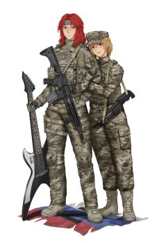 1boy 1girl a_song_of_ice_and_fire absurdres arm_hug assault_rifle azov_battalion beanie blonde_hair blue_hat boots brown_eyes camouflage camouflage_jacket camouflage_pants cargo_pants commission commissioner_upload couple death_(band) digital_camouflage electric_guitar flag_patch galician_division game_of_thrones green_eyes grzegorz1996 guitar gun hairband hand_in_pocket hat hetero highres holding holding_guitar holding_instrument holster instrument jacket kenneth_del_duca knee_pads ks-23 load_bearing_vest long_hair marichka military non-web_source open_mouth original pants red_hair rifle rubizh_regiment russian_flag russo-ukrainian_war serious shotgun smile tactical_gloves thigh_holster transparent_background tryzub uar-15 ukrainian_flag weapon z_(russian_symbol)