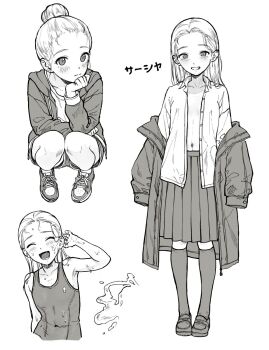 1girl blush borrowed_character closed_eyes flat_chest full_body greyscale hair_bun highres imaninjaguy jacket loafers long_hair looking_at_viewer monochrome multiple_views navel off_shoulder one-piece_swimsuit open_clothes open_jacket open_mouth open_shirt original sasha_(haguhagu) school_swimsuit school_uniform shoes simple_background skirt smile sneakers socks splashing squatting swimsuit track_jacket water wet