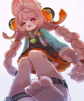 1girl absurdres ahoge animal_ear_fluff animal_ear_piercing animal_ears animal_feet anklet blush braid braided_twintails bright_pupils commentary_request from_below furry furry_female green_shirt highres jewelry long_hair looking_at_viewer open_mouth pink_fur pink_hair rabbit_ears rabbit_girl red_eyes screw shii_(no-va_could) shirt short_eyebrows simple_background solo teeth thick_eyebrows upper_teeth_only white_background white_pupils zenless_zone_zero zhao_(zenless_zone_zero)