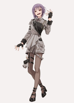 1girl bang_dream! bang_dream!_it's_mygo!!!!! black_gloves black_pantyhose black_shoes commentary_request earrings fingerless_gloves flower_stand_art full_body gloves grey_jacket grey_shorts highres ishinomaki_rokorou jacket jewelry licking_lips long_sleeves open_mouth pantyhose pantyhose_under_shorts pink_eyes purple_hair shoes shorts simple_background single_earring solo teeth thigh_strap tongue tongue_out white_background yuutenji_nyamu