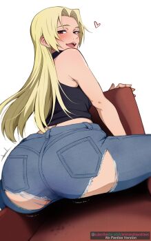 1girl absurdres animanghayo ass ass_focus black_shirt blonde_hair blush brown_eyes clip_studio_paint_(medium) commentary couch denim english_commentary english_text eyelashes from_behind half-closed_eyes heart highres jeans jujutsu_kaisen looking_at_viewer looking_back paid_reward_available pants shirt simple_background sitting sleeveless sleeveless_shirt solo torn_clothes torn_pants tsukumo_yuki_(jujutsu_kaisen) white_background