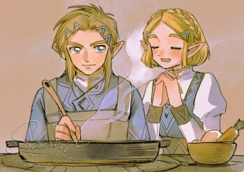 1boy 1girl blonde_hair blue_eyes blue_jacket blush boots bow braid brown_boots carrot closed_eyes commentary cooking crown_braid dress drooling hair_ornament hairclip highres jacket juliet_sleeves light_smile link long_sleeves looking_at_another mouth_drool mouyi nintendo open_mouth own_hands_clasped own_hands_together parted_bangs pinafore_dress poi princess_zelda puffy_sleeves sample_watermark shirt short_hair sidelocks signature sleeveless sleeveless_dress stirring symbol-only_commentary the_legend_of_zelda the_legend_of_zelda:_tears_of_the_kingdom upper_body watermark white_shirt