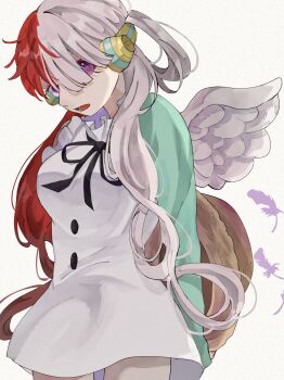 1girl black_ribbon blue_gloves commentary_request cowboy_shot dress elbow_gloves gloves hair_over_one_eye hat headphones highres holding holding_unworn_clothes holding_unworn_hat multicolored_hair one_piece one_piece_film:_red open_mouth purple_eyes red_hair ribbon simple_background single_elbow_glove solo straw_hat_pirates twintails two-tone_hair u_mi031 unworn_hat unworn_headwear uta_(one_piece) white_background white_dress white_hair