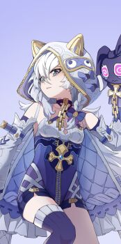 1girl absurdres animal_hood blue_eyes breasts cat_hood chinese_commentary commentary_request detached_sleeves full-length_zipper highres honkai_(series) honkai_impact_3rd hood long_hair looking_at_viewer meme purple_background purple_thighhighs purple_unitard simple_background single_bare_foot single_thighhigh small_breasts solo teri_derp_(meme) theresa_apocalypse theresa_apocalypse_(schicksal&#039;s_imperative) thighhighs toes white_hair yunxiagong zipper