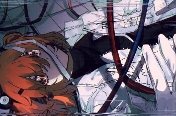 1girl a.i._voice adachi_rei android black_shirt cable closed_mouth commentary_request expressionless glitch gloves hair_ribbon hand_up headlamp headset highres jacket lens_eye long_bangs long_sleeves looking_at_viewer mimizutomizu on_floor one_side_up open_clothes open_jacket orange_hair ribbon shirt sideways solo tile_floor tiles turtleneck upper_body utau vhs_artifacts white_gloves white_ribbon