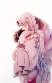 Rule 34 | 1boy, 1girl, arms around neck, black hair, chikariya, closed mouth, commentary request, expressionless, facial mark, from side, gradient clothes, gradient kimono, grey sash, highres, hug, inuyasha, japanese clothes, kimono, long hair, long sleeves, prince, profile, rin (inuyasha), sesshoumaru, simple background, twitter username, upper body, very long hair, whisker markings, white background, white hair, white kimono