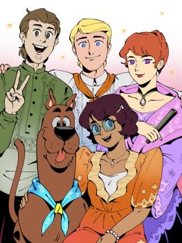 Rule 34 | 2boys, 2girls, animal, beard stubble, blonde hair, blue eyes, brown eyes, brown hair, commentary, daphne blake, dog, dress, earrings, facial hair, filipino clothes, freckles, fred jones, glasses, gradient clothes, gradient shirt, hair bun, hair slicked back, hand fan, highres, holding, holding fan, jewelry, multiple boys, multiple girls, necklace, officeanomaly, orange dress, purple eyes, scooby-doo, scooby-doo (series), shaggy rogers, shirt, smile, sparkle, stubble, v, velma dinkley