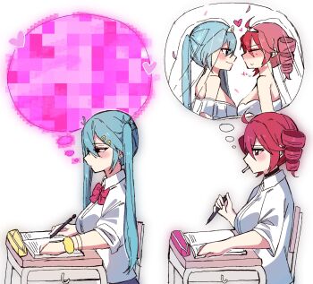 2girls black_choker blue_hair blush bow bowtie bridal_veil censored censored_thought chair choker closed_eyes closed_mouth collared_shirt commentary desk dore2801 dress drill_hair english_commentary hair_ornament hairclip hatsune_miku heart highres holding holding_pen kasane_teto long_hair meme mosaic_censoring multiple_girls pen red_bow red_bowtie red_eyes red_hair school_chair school_desk scrunchie she_versus_he_thought_bubble_(meme) shirt simple_background smile twin_drills twintails utau veil vocaloid wedding_dress white_background white_shirt wife_and_wife wrist_scrunchie yuri