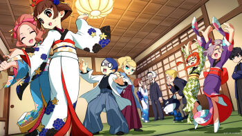 5boys 6+girls adjusting_clothes alternate_costume amamiya_ren animal_ears architecture atlus black_cat black_eyes black_hair black_jacket black_pants black_suit blonde_hair blue_eyes blue_flower blue_hair blue_kimono blue_rose blush brown_hair cat cat_ears cat_tail closed_eyes collared_shirt crossed_arms dancing dress_pants east_asian_architecture erina_(p5t) facepaint floral_print floral_print_kimono floral_print_sash flower formal_clothes green_kimono grey_hair hair_bun hair_flower hair_ornament hair_ribbon hairpin highres indoors jacket japanese_clothes japanese_house kasukabe_toshiro kimono kitagawa_yuusuke laughing long_hair long_sleeves makeup morgana_(persona_5) multicolored_cat multicolored_kimono multiple_boys multiple_girls niijima_makoto official_alternate_costume official_art okumura_haru oribe_hanako paintbrush pants persona persona_5 persona_5_tactica pink_ribbon ponytail print_kimono purple_kimono red_eyes red_sash ribbon rose sakamoto_ryuuji sakura_futaba sash second-party_source shirt short_hair shouji sliding_doors suit sweat sweatdrop tail takamaki_anne white_cat white_kimono white_shirt yellow_sash
