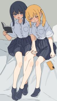 2girls absurdres black_hair black_skirt black_socks blonde_hair blush book cellphone closed_eyes collared_shirt commentary_request grey_eyes highres holding holding_book holding_hands interlocked_fingers interlocked_legs kopaka_(karda_nui) long_hair multiple_girls open_mouth original parted_lips phone pleated_skirt shirt skirt smartphone socks twintails white_shirt yuri