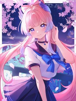 Rule 34 | 1girl, absurdres, black choker, black skirt, blue bow, blue bowtie, blue neckerchief, blush, bow, bow-shaped hair, bowtie, breasts, cherry blossoms, choker, closed mouth, dafu zhentan, genshin impact, gradient hair, hair between eyes, highres, long hair, midriff, multicolored hair, navel, neckerchief, pink hair, purple eyes, sangonomiya kokomi, school uniform, serafuku, shirt, short sleeves, skirt, smile, solo, white serafuku, white shirt