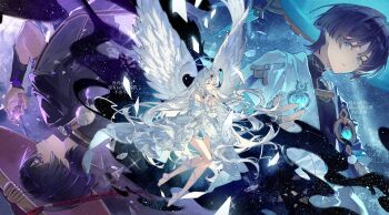 1girl 2boys anemo_symbol_(genshin_impact) angel angel_wings armor artist_request bare_shoulders black_bodysuit black_hair black_kimono black_sleeves blue_cape blue_eyes blue_gem blue_hair blue_hat blue_jingasa blue_sleeves blunt_ends bodysuit cape closed_mouth collar colored_inner_hair commission commissioner_insert contrast core detached_collar dress eyeliner feathered_wings feathers fingernails frilled_sleeves frills full_body gem genshin_impact glass_shards gnosis_(genshin_impact) gold gold_trim hair_intakes hair_ribbon hand_up hands_up hat hayami_momo_(hayamimomo) headband highres japanese_armor japanese_clothes jewelry jingasa kimono kote kurokote layered_sleeves leg_ribbon long_hair long_sidelocks long_sleeves looking_at_object makeup mandarin_collar mitsudomoe_(shape) multicolored_hair multiple_boys neck_ring oc_x_canon off_shoulder open_clothes open_kimono original own_hands_clasped own_hands_together pom_pom_(clothes) purple_eyes purple_rope purple_sleeves red_eyeliner red_gem red_hat ribbon rope scaramouche_(genshin_impact) second-party_source shimenawa showgirl_skirt sidelocks star_(sky) starry_sky_background tomoe_(symbol) tress_ribbon tsurime very_long_hair vision_(genshin_impact) wanderer_(genshin_impact) white_collar white_dress white_hair white_headband white_kimono white_ribbon white_rope white_sleeves white_wings wings wispy_bangs yellow_eyes yellow_feathers