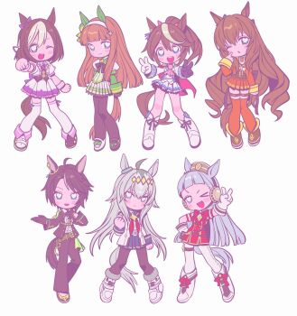 Rule 34 | 6+girls, animal ears, betti (xx betti), black jacket, black pants, black pantyhose, blue eyes, blue sky, brown hair, character request, dress, gold ship (umamusume), grey hair, heart, heart-shaped pupils, highres, horse ears, horse girl, horse tail, jacket, long hair, maruzensky (umamusume), multiple girls, neckerchief, oguri cap (umamusume), pants, pantyhose, ponytail, red dress, red neckerchief, red skirt, red thighhighs, short hair, sidelocks, silence suzuka (umamusume), skirt, sky, special week (umamusume), symbol-shaped pupils, tail, thighhighs, tokai teio (umamusume), umamusume, v, very long hair, wavy hair, white hair, white skirt, white thighhighs