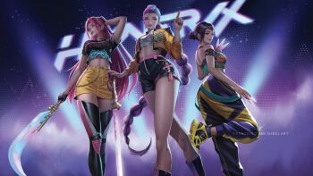 Rule 34 | 3girls, ass, baggy pants, belt, black choker, black hair, black nails, black thighhighs, braid, braided ponytail, breasts, brown eyes, choker, closed mouth, crop top, cropped jacket, dagger, earrings, fingerless gloves, gloves, hair bun, hand on own head, highres, holding, holding dagger, holding knife, holding polearm, holding sword, holding weapon, huntrix, index finger raised, jacket, jewelry, knife, kpop demon hunters, lips, long hair, medium breasts, midriff, miniskirt, mira (kpop demon hunters), multiple girls, naginata, navel, nibelart, pants, planted, planted sword, planted weapon, polearm, purple hair, red hair, ring, rumi (kpop demon hunters), short hair, short shorts, shorts, single earring, skirt, standing, stomach, suspenders, sword, thighhighs, thighs, two side up, very long hair, weapon, yellow jacket, yellow skirt, zettai ryouiki, zoey (kpop demon hunters)