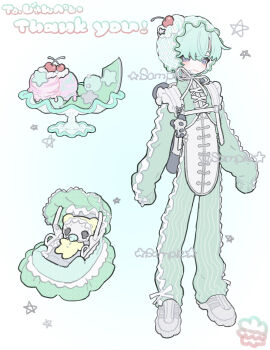 1other am314 apron baby backpack bag bodysuit bow cherry_hair_ornament commentary_request commission cradle food food-themed_hair_ornament fruit full_body gradient_background green_background green_bodysuit green_hair hair_ornament highres ice_cream melon melon_slice original pacifier panda shoes short_hair skeb_commission sleeves_past_fingers sleeves_past_wrists white_background white_bow white_shoes