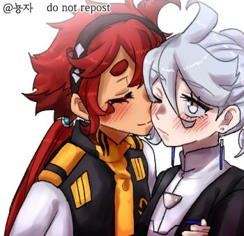 Rule 34 | 2girls, asticassia school uniform, black hairband, black jacket, blush, closed eyes, closed mouth, earrings, grey eyes, grey hair, gundam, gundam suisei no majo, hairband, jacket, jewelry, long hair, miorine rembran, multiple girls, nyong-choi, one eye closed, red hair, school uniform, shirt, simple background, suletta mercury, white background, white jacket, white shirt, yuri