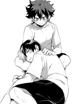 blush boku_no_hero_academia freckles highres kotanene looking_at_another lying_on_lap midoriya_izuku scar shirt shorts sleeping smile sportswear tododeku todoroki_shoto yaoi