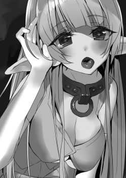 1girl blush breasts cleavage cleavage_cutout clothing_cutout collar dress elbow_gloves elf gloves greyscale half-closed_eyes hand_in_own_hair hand_up isekai_maou_to_shoukan_shoujo_no_dorei_majutsu large_breasts leaning_forward long_hair long_sidelocks looking_at_viewer metal_collar monochrome novel_illustration o-ring_collar official_art open_mouth pointy_ears shera_l._greenwood sidelocks solo third-party_source tongue tongue_out tsurusaki_takahiro upper_body very_long_hair
