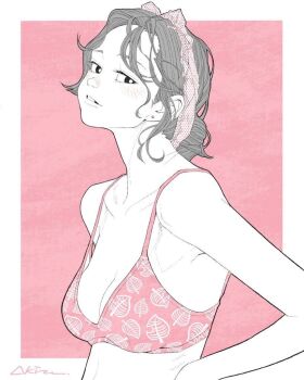 1girl artist_request bra breasts earrings jewelry large_breasts looking_at_viewer pink_background pink_bra ribs smile source_request tagme underwear