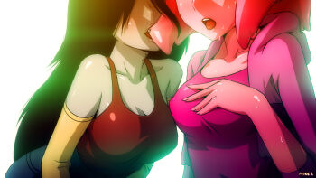 2girls adventure_time bare_shoulders bite_mark biting black_hair blush breasts casual cleavage colored_skin contemporary elbow_gloves covered_erect_nipples fang gloves grey_skin hair_in_own_mouth hair_over_eyes head_out_of_frame highres hood hood_down hoodie large_breasts lips long_hair marceline_abadeer mike_inel multiple_girls pink_hair pink_skin princess_bonnibel_bubblegum tank_top tongue uncommon_stimulation yuri