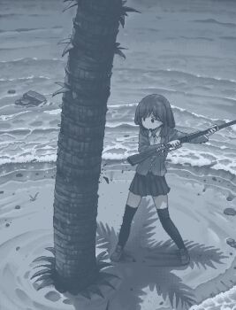 1girl blazer dithering gun hamsterfragment holding holding_gun holding_weapon jacket jaggy_lines loafers long_sleeves medium_hair monochrome neck_ribbon ocean original outdoors over-kneehighs palm_tree pebble pleated_skirt ribbon rifle sand school_uniform shinohata_sachie_(hamsterfragment) shirt shoes skirt solo standing thighhighs tree tree_shade water waves weapon