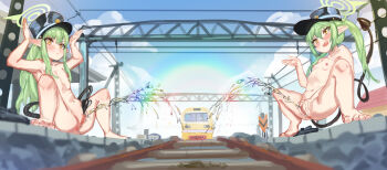 2girls absurdres black_tail blue_archive demon_tail flat_chest green_hair halo hat highres hikari_(blue_archive) ix9 loli multiple_girls nipples nozomi_(blue_archive) nude open_mouth outdoors peeing peeing_together pointy_ears pussy railroad_tracks rainbow siblings sisters spread_legs spread_pussy squatting tail train twins uncensored yellow_eyes