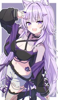 1girl :3 :d absurdres ahoge animal_ear_fluff animal_ears arm_at_side asymmetrical_legwear bandaid_on_hip belt black_boots black_choker black_jacket blunt_bangs blush boots breasts camisole cat_ears cat_girl cat_tail choker claw_pose cleavage clothing_cutout crop_top fishnet_thighhighs fishnets hair_ornament hairclip hand_up heart_collar heart_cutout highres hololive jacket kaie large_breasts long_hair long_sleeves looking_at_viewer medium_breasts midriff multicolored_jacket navel nekomata_okayu nekomata_okayu_(personya_respect) o-ring_collar off_shoulder official_alternate_costume official_alternate_hair_length official_alternate_hairstyle onigiri_ornament open_clothes open_jacket open_mouth open_shorts purple_background purple_eyes purple_hair purple_jacket see-through_shrug shirt short_shorts shorts shrug_(clothing) sidelocks single_leg_pantyhose single_thighhigh sleeves_past_wrists smile solo standing standing_on_one_leg sticker_on_stomach tail tail_scrunchie thighhighs torn_camisole torn_clothes torn_shorts two-tone_jacket very_long_hair virtual_youtuber white_shorts