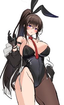 1girl absurdres animal_ears arm_strap bad_id bad_twitter_id bare_shoulders between_breasts black_choker black_gloves black_hair black_jacket black_leotard breasts brown_pantyhose choker commentary_request counter:side covered_navel cowboy_shot detached_collar fake_animal_ears frown gloves highleg highleg_leotard highres jacket korean_commentary large_breasts leotard long_hair long_sleeves looking_at_viewer maett necktie off_shoulder open_clothes open_jacket open_mouth pantyhose playboy_bunny ponytail purple_eyes rabbit_ears sidelocks simple_background single_leg_pantyhose solo standing strapless strapless_leotard suggestive_fluid thighs very_long_hair white_background wristband yoo_mina