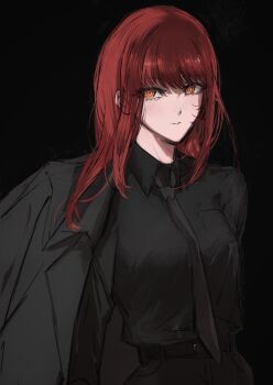 1girl adapted_costume black_background black_necktie black_pants black_shirt black_suit blunt_bangs chainsaw_man closed_mouth collared_shirt commentary formal_clothes highres long_hair long_sleeves looking_at_viewer makima_(chainsaw_man) moku_(muooku) necktie pants red_hair ringed_eyes shirt simple_background solo suit symbol-only_commentary yellow_eyes