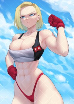1girl abs android_18 arm_up artist_name bare_shoulders blonde_hair blue_eyes breasts cleavage clenched_hand closed_mouth cloud cloudy_sky collarbone dragon_ball dragonball_z earrings flexing gabriel_carrasquillo gloves hand_on_own_hip highleg highleg_panties jewelry large_breasts looking_at_viewer navel panties patreon_username red_gloves red_panties red_ribbon_army short_hair single_earring skindentation sky solo sports_bra stomach sweatdrop toned two-tone_sports_bra underwear