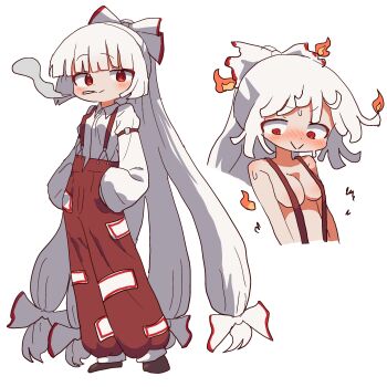 1girl :> absurdly_long_hair blunt_bangs blush bow breasts brown_shoes commentary_request convenient_censoring embarrassed fire fujiwara_no_mokou full_body hair_bow hands_in_pockets highres korean_commentary long_hair looking_at_viewer looking_down magg_(user_mtca8588) medium_breasts no_shirt pants red_eyes red_pants shirt shoes smile smoke smoke_trail smoking touhou upper_body very_long_hair white_hair white_shirt
