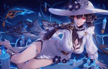 1girl alternate_eye_color asymmetrical_gloves black_flower black_hair blue_fire blue_hair breasts candle claws cleavage colored_inner_hair commentary demon_girl demon_horns demon_tail dress english_commentary fire flower foot_out_of_frame gloves glowing glowing_eyes hair_between_eyes hand_up hat hat_flower high_heels highres honkai:_star_rail honkai_(series) horns ladywaltz large_breasts long_hair looking_at_viewer lying mismatched_gloves mole mole_under_eye multicolored_hair on_side parted_lips red_eyes signature smile solo tail the_dahlia_(honkai:_star_rail) very_long_hair white_dress white_hat