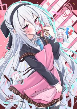 Rule 34 | >:(, 1girl, \||/, adapted costume, apron, black bow, black hairband, black jacket, black skirt, blue archive, blue necktie, blush, blush stickers, bow, bright pupils, candy, chibi, chibi inset, chocolate, chocolate heart, closed mouth, collared shirt, commentary request, cooking, cowboy shot, double-parted bangs, drop shadow, eyes visible through hair, floating hair, food, frown, gift, hair between eyes, hair bow, hairband, half updo, halo, hand up, headscarf, heart, heart-shaped food, highres, holding, holding gift, jacket, jitome, kei (blue archive), kei (new body) (blue archive), long hair, long hair between eyes, looking at viewer, miniskirt, necktie, pink apron, pink halo, pink headscarf, pleated skirt, polka dot headwear, reading, rectangular halo, red eyes, ringed eyes, school uniform, shirt, signature, simple background, skirt, solo, sparkle, speech bubble, strap slip, sweatdrop, tanabata natsuki, thighhighs, translation request, tsurime, v-shaped eyebrows, valentine, very long hair, white hair, white pupils, white shirt, zettai ryouiki
