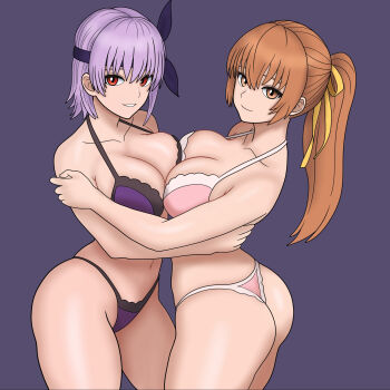 2girls ayane_(doa) bojack198 bra breast_press breasts brown_eyes brown_hair dead_or_alive kasumi_(doa) large_breasts lingerie long_hair looking_at_viewer multiple_girls ponytail purple_background purple_hair red_eyes short_hair siblings sisters thong underwear