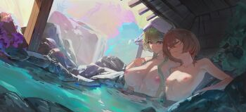 2girls blue_eyes breasts brown_hair butterfly_hair_ornament clio_aite closed_eyes closed_mouth collarbone commentary grey_hair hair_ornament highres large_breasts long_hair multiple_girls nipples onsen phase_connect rasupu4 same-sex_bathing second-party_source shared_bathing short_hair small_breasts virtual_youtuber wet wilhelmina_frost yuri