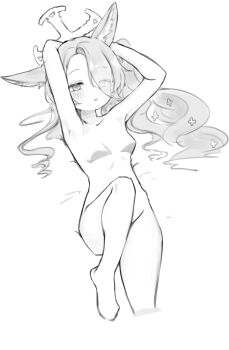 1girl absurdres animal_ear_fluff animal_ears armpits arms_up asymmetrical_bangs blue_archive blush breasts completely_nude cropped_legs eyes_visible_through_hair flower fox_ears greyscale hair_flower hair_ornament hair_over_one_eye halo highres knee_up long_hair looking_at_viewer lying monochrome no_nipples nude on_back parted_lips seia_(blue_archive) seulraimbbang simple_background sketch small_breasts solo white_background