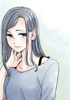 1girl bra_strap closed_mouth commentary_request expressionless forehead grey_eyes grey_hair grey_shirt hand_up highres hoshi_mako long_hair looking_to_the_side negative_space original shirt sideways_glance solo straight_hair upper_body