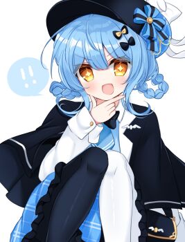 ! +_+ 1girl :d asymmetrical_legwear black_capelet black_hat black_pantyhose blue_hair blue_skirt braid braided_hair_rings capelet deerstalker frilled_skirt frills hair_between_eyes hair_rings hand_on_own_chin hand_up hat highres knees_up long_sleeves looking_at_viewer mahou_shoujo_no_majo_saiban mismatched_legwear open_mouth pantyhose plaid_clothes plaid_skirt shikito_(yawa0w0) shirt short_hair simple_background sitting skirt smile solo spoken_exclamation_mark stroking_own_chin tachibana_sherry v-shaped_eyebrows white_background white_pantyhose white_shirt yellow_eyes