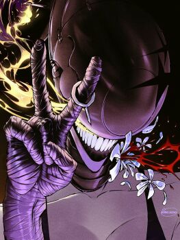 1girl artist_name bandaged_arm bandages black_background black_tank_top blood bomb bomb_devil_(chainsaw_man) chainsaw_man collarbone explosive facing_viewer falling_petals fire flower grenade_pin hand_up kuroxcho object_head petals portrait simple_background solo tank_top teeth v white_flower white_petals