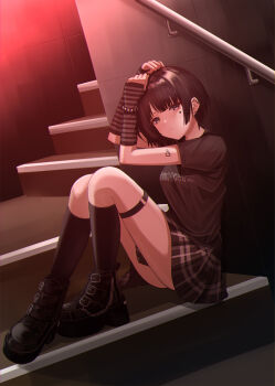 1girl absurdres arm_warmers black_footwear black_hair black_shirt black_skirt black_socks blunt_bangs closed_mouth full_body highres kit kneehighs looking_at_viewer miniskirt original plaid_clothes plaid_skirt pleated_skirt print_shirt shirt short_hair short_sleeves sitting skirt socks solo