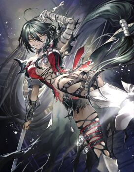 1girl absurdres ahoge arm_blade armored_boots bandaged_arm bandages bare_shoulders belt black_choker black_hair black_pants boots braid breasts chain choker commentary_request dark_background dress full_body highres large_breasts light_particles long_hair looking_at_viewer multiple_belts official_art open_clothes pants red_dress second-party_source shorts tales_of_(series) tales_of_berseria torn_clothes velvet_crowe very_long_hair weapon yellow_eyes
